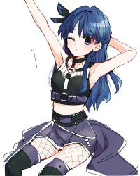 1girl ampere_(love_live!) armpits arms_up bare_shoulders black_choker black_shirt black_skirt black_thighhighs blue_eyes blue_hair blush choker commentary_request crop_top cropped_shirt feet_out_of_frame fishnet_pantyhose fishnets half_updo highres kanduki_kamibukuro link!_like!_love_live! long_hair looking_at_viewer love_live! midriff miniskirt murano_sayaka no_coat o-ring official_alternate_costume pantyhose shirt simple_background sitting skirt solo stretching thighhighs virtual_youtuber white_background
