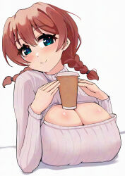 1girl aqua_eyes blush braid breast_rest breasts brown_hair bubble_tea_challenge cleavage cleavage_cutout closed_mouth clothing_cutout emma_verde freckles grey_sweater hair_between_eyes heart heart-shaped_pupils highres huge_breasts looking_at_viewer love_live! love_live!_nijigasaki_high_school_idol_club pisagi ribbed_sweater simple_background smile sweater symbol-shaped_pupils turtleneck turtleneck_sweater twin_braids upper_body white_background