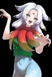 Rule 34 | 1girl, aqua eyes, black background, blue skirt, blush, collared shirt, covered navel, facial mark, fangs, fingernails, forehead mark, green shirt, hands up, highres, houjuu chimi, long hair, open mouth, red nails, rh thunderriver, sharp fingernails, shirt, skirt, sleeveless, sleeveless shirt, slit pupils, smile, solo, teeth, touhou, white hair