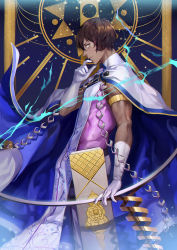 1boy arjuna_(fate) armlet bad_id bad_pixiv_id blue_fire bow_(weapon) brown_eyes brown_hair cape cloak dark-skinned_male dark_skin fate/grand_order fate_(series) fire gloves gold_trim highres holding holding_bow_(weapon) holding_weapon jewelry male_focus nianbingzi pelvic_curtain sleeveless solo weapon white_gloves