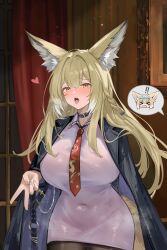 2girls absurdres animal_ear_fluff animal_ears arknights black_coat blonde_hair blush breasts coat coat_on_shoulders covered_navel cowboy_shot curtains dress heart highres huge_breasts indoors light_particles long_hair multiple_girls necktie picture_frame red_necktie solo_focus spoken_character steaming_body suzuran_(arknights) tongue tongue_out v vulpisfoglia_(arknights) white_dress window yangyu_tudou_vv yellow_eyes