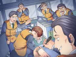 1girl 5boys angry belt black_hair brown_hair chair cup dutch_angle foreshortening glasses gotou_kiichi green_necktie high-visibility_clothing high-visibility_vest highres holding_another&#039;s_wrist indoors izumi_noa kidou_keisatsu_patlabor marker mug multiple_boys necktie nyuimaru office office_chair oota_isao police police_uniform prank scared shinohara_asuma shinshi_mikiyasu short_hair sleeping smirk sweatdrop swivel_chair table window yamazaki_hiromi