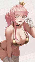 1girl :d bikini black_choker breasts choker cleavage crown fang gloves gold_bikini highres large_breasts looking_at_viewer mini_crown open_mouth original pink_hair ponytail sawasa smile solo swimsuit thighhighs v white_gloves white_thighhighs yellow_eyes