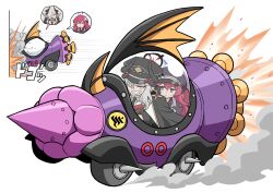 2girls absurdres bandaid bandaid_on_head black_necktie blue_archive car coat coat_on_shoulders commentary_request commission crash demon_girl demon_horns driving fire gehenna_academy_logo grey_eyes grey_hair grin hair_between_eyes hair_over_one_eye halo hat highres horns iroha_(blue_archive) long_hair long_sleeves makoto_(blue_archive) motor_vehicle multiple_girls necktie open_clothes open_coat parted_bangs peaked_cap pixiv_commission pointy_ears red_hair rocket school_uniform shirt sidelocks simple_background smile spoken_character sweatdrop translation_request wacky_races washin wavy_hair white_background white_shirt