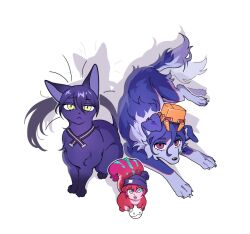 amate_yuzuriha animal_focus animalization beanie blue_eyes blue_fur cat conch_(gundam) ddwiyong dog gundam gundam_gquuuuuux haro hat looking_at_viewer no_humans non-humanoid_robot nyaan_(gundam_gquuuuuux) pom_pom_(clothes) pom_pom_beanie purple_fur red_eyes red_fur robot shadow shuji_ito simple_background squirrel white_background yellow_eyes