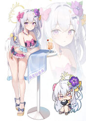 1girl :o absurdres azusa_(blue_archive) azusa_(swimsuit)_(blue_archive) bare_shoulders bikini blue_archive blue_sandals blush bow breasts chibi cleavage feathered_wings flower hair_between_eyes hair_bow hair_flower hair_ornament highres li_se long_hair looking_at_viewer multicolored_bikini navel official_alternate_costume open_mouth pink_bikini pink_bow purple_bikini purple_bow purple_eyes purple_flower sandals sidelocks solo stomach swimsuit white_hair wings yellow_bow