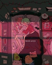 Rule 34 | 1boy, 1girl, anklet, artist self-insert, avocado, book, calendar (object), cat, closed eyes, cove holden, crumpled paper, desk lamp, dinosaur, drawing (object), fairy lights, from above, green hair, head on pillow, hetero, highres, hug, hug from behind, indoors, jewelry, lamp, light particles, long hair, lying, main character (our life), meraooni, needle, on bed, on side, open book, our life, our life: beginnings and always, pillow, pincushion, pink hair, pink light, plant, potted plant, rabbit, rug, scissors, sewing needle, shorts, sleeping, spool, spooning, stuffed toy, under covers, very long hair, wavy hair, window light, windowsill