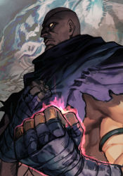 1boy animal bag bald bandages capcom clenched_hand cup eyepatch from_side hand_wraps holding holding_cup hungry_clicker knife leg_wrap looking_to_the_side male_focus one-eyed sagat shaded_face street_fighter street_fighter_v tiger
