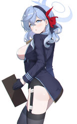 1girl absurdres akazaki_yukino ako_(blue_archive) ass black_thighhighs blue_archive blue_eyes blue_gloves blue_hair blue_hairband blue_halo blue_jacket breasts clipboard commentary cowboy_shot earrings from_side garter_straps gloves grey_background hairband halo highres holding holding_clipboard jacket jewelry long_sleeves looking_at_viewer medium_breasts medium_hair sideboob simple_background solo stud_earrings thighhighs