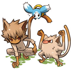 00s 1990s_(style) 1boy ^^^ animal_ears barefoot black_hair brown_eyes brown_hair creature_and_personification crossover gen_1_pokemon hitec male_focus mankey mieu_(tales) moemon nintendo personification pokemon pokemon_(creature) pokemon_rgby retro_artstyle squatting tail tail_wrap tales_of_(series) tales_of_the_abyss white_background