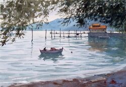 1boy beach boat branch buoy harbor jetty mountain mountainous_horizon nara_watercolor ocean original painting_(medium) pier reflection reflective_water shore traditional_media tree water watercolor_(medium) watercraft