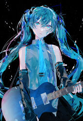Rule 34 | 1girl, absurdres, aqua eyes, aqua hair, bare shoulders, black background, black skirt, black sleeves, blue necktie, closed mouth, collared shirt, commentary, cowboy shot, detached sleeves, glitch, grey shirt, guitar, hagimorijia, hair between eyes, hatsune miku, highres, holding, holding guitar, holding instrument, instrument, long hair, long sleeves, looking at viewer, nail polish, necktie, pleated skirt, shirt, skirt, sleeveless, sleeveless shirt, solo, standing, twintails, very long hair, vocaloid