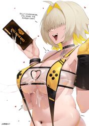 1girl :d ^^^ absurdres after_paizuri ahoge black_choker blonde_hair breasts cellphone choker cleavage cleavage_cutout clothing_cutout cum cum_on_body cum_on_breasts cum_on_upper_body cum_string elegg_(boom_and_shock)_(nikke) elegg_(nikke) english_text game_over gloves goddess_of_victory:_nikke hair_intakes hair_over_eyes hands_up heart heart_cutout highres holding holding_phone implied_after_paizuri large_breasts medium_hair multicolored_hair navel open_mouth phone rabbit_ornament skindentation slingshot_swimsuit smartphone smile solo stomach swimsuit teeth the_atko two-tone_hair underboob upper_teeth_only watch wristwatch yellow_slingshot_swimsuit