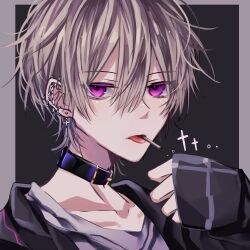1boy black_collar black_jacket brown_hair cigarette collar collarbone cross cross_earrings ear_piercing earrings grey_shirt hair_between_eyes haseta_08 highres hoop_earrings jacket jewelry looking_at_viewer male_focus original piercing portrait purple_eyes shirt short_hair smoking solo tongue tongue_out