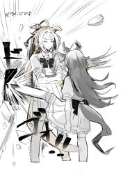 2girls animal_ears back_bow blonde_hair bow bowtie clothing_cutout commentary_request crossed_arms debris dream_journey_(umamusume) ear_covers ear_ornament ears_down feet_out_of_frame foot_kabedon frilled_skirt frills full_body hair_intakes highres horse_ears horse_girl horse_tail kabedon long_hair mebu multiple_girls nervous_sweating orange_hair orfevre_(umamusume) pleated_skirt puffy_short_sleeves puffy_sleeves sailor_collar sailor_shirt school_uniform shirt short_sleeves siblings single_ear_cover sisters sketch skirt spot_color strong summer_uniform sweat tail tail_through_clothes thighhighs tracen_school_uniform translation_request trembling umamusume very_long_hair