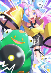 bellibolt bow-shaped_hair character_hair_ornament creatures_(company) game_freak grey_pantyhose hair_ornament hexagon_print highres iono_(pokemon) jacket long_hair long_sleeves low-tied_long_hair multicolored_hair nintendo oversized_clothes pantyhose pokemon pokemon_(creature) pokemon_sv sharp_teeth single_leg_pantyhose sleeves_past_fingers sleeves_past_wrists split-color_hair teeth two-tone_hair very_long_sleeves x yellow_jacket yukari_(yukari21653710)