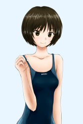 1girl adjusting_clothes adjusting_strap adjusting_swimsuit amagami black_one-piece_swimsuit blue_background blue_one-piece_swimsuit bob_cut breasts brown_eyes brown_hair closed_mouth collarbone commentary competition_school_swimsuit competition_swimsuit hand_up highres kitaokasensei light_smile one-piece_swimsuit school_swimsuit short_hair simple_background small_breasts smile solo swimsuit tachibana_miya two-tone_swimsuit upper_body