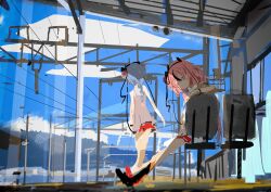 Rule 34 | 2others, absurdres, black hair, blue eyes, blue hair, blue sky, boots, braid, braided ponytail, cloud, commentary request, highres, horns, kabuyama kaigi, long hair, meika hime, meika mikoto, miniskirt, multicolored hair, multiple others, on chair, outdoors, outstretched legs, overhead line, pink hair, red skirt, shelter, shirt, sitting, sitting sideways, skirt, sky, sleeveless, sleeveless shirt, streaked hair, train station platform, utility pole, vocaloid, white shirt