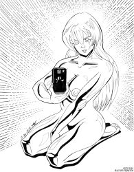2019 alpha-152 barefoot blank_eyes breasts clone dated dead_or_alive dead_or_alive_5 grin highres kneeling long_hair looking_at_viewer nipples nude phone selfie shiny_skin signature simple_background smile tiquitoc toes watermark web_address
