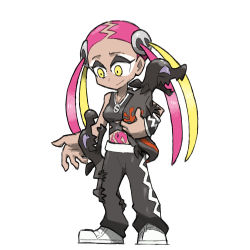 1girl bare_shoulders black_eyeshadow black_pants black_tank_top blacknirrow blonde_hair breasts closed_mouth commentary english_commentary eyeshadow full_body gen_7_pokemon jewelry long_hair makeup medium_breasts multicolored_hair navel necklace nintendo pants pink_hair plumeria_(pokemon) pokemon pokemon_(creature) pokemon_sm salandit shoes simple_background smile standing stomach_tattoo tank_top tattoo team_skull twintails two-tone_hair white_background white_footwear yellow_eyes