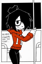 1girl bags_under_eyes black_hair hair_bun hair_over_one_eye highres hood hoodie maya_schoppenboer medium_hair meep2much mojyo ongezellig pants simple_background skin_tight tight_clothes tight_pants wavy_mouth white_background