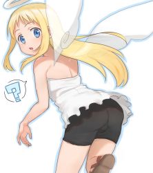 1futa ? angel ass blonde_hair blue_eyes bulge crimvael dress futanari halo ishuzoku_reviewers komiya_harumoto long_hair off_shoulder shorts solo speech_bubble white_dress wings