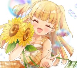 Rule 34 | 1girl, :d, ^ ^, bag, bare arms, bare shoulders, belt, belt buckle, blonde hair, blush, brown dress, bubble, buckle, closed eyes, dress, dutch angle, facing viewer, fangs, flower, grey belt, hugging object, idolmaster, idolmaster cinderella girls, idolmaster cinderella girls starlight stage, jougasaki rika, long hair, open mouth, outstretched arm, plaid clothes, plaid dress, rino cnc, shoulder bag, simple background, sleeveless, sleeveless dress, smile, solo, summer grace one piece (idolmaster), sunflower, two side up, upper body, v, very long hair, white background, yellow flower