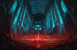 absurdres air_bubble altar arch architecture bubble cathedral church column commentary critical_role crystal dungeons_&amp;_dragons english_commentary fantasy fish gothic_architecture highres idrawbagman indoors pillar stairs statue underwater window