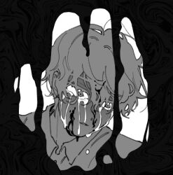 1boy abstract_background alien_stage blood blood_on_face collared_shirt crying crying_with_eyes_open itokin0 luka_(alien_stage) male_focus shirt short_hair solo tears very_short_hair