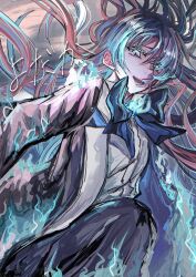 Rule 34 | 1girl, ado (utaite), aegyo sal, black coat, black hair, blue bow, blue bowtie, blue eyes, bow, bowtie, chando (ado), coat, commentary, floating hair, hashtag-only commentary, highres, long hair, long sleeves, looking at viewer, mole, mole under eye, open clothes, open coat, open mouth, oyashirazu (adochan daisuki), shirt, solo, teeth, upper teeth only, utaite, white shirt