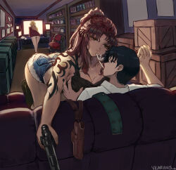 1boy 2girls absurdres artist_name ass balalaika_(black_lagoon) black_lagoon black_shirt bookshelf breasts cigarette cigarette_kiss couch crate groping gun highres holding holding_gun holding_weapon looking_at_another monitor multiple_girls no_legwear on_couch red_hair revy_(black_lagoon) shirt weapon