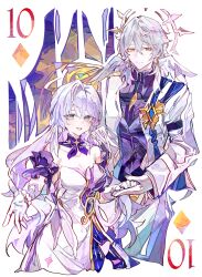 1boy 1girl absurdres blue_eyes brother_and_sister choker cocoballking commentary detached_sleeves dress gloves grey_hair head_wings highres honkai:_star_rail honkai_(series) jacket long_hair long_sleeves looking_at_viewer open_clothes open_jacket open_mouth purple_choker purple_shirt robin_(honkai:_star_rail) shirt short_sleeves siblings smile strapless strapless_dress sunday_(honkai:_star_rail) sunday_(sacerdos&#039;_relived_ordeal)_(honkai:_star_rail) very_long_hair white_dress white_gloves white_jacket wings