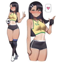 1girl artist_name ball black_shorts black_socks blush brazilian_flag brazilian_flag_print commentary cropped_legs dark-skinned_female dark_skin dolphin_shorts earclip english_commentary flag_print full_body hair_ornament hairclip half-closed_eyes hand_up heart highres holding holding_own_hair ijiranaide_nagatoro-san multiple_views nagatoro_hayase navel o3o parted_lips shoes shorts sneakers soccer_ball socks spoken_heart tan tank_top tanline thigh_gap ti_keep v white_shoes yellow_tank_top