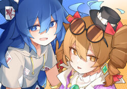 2girls :p bangle black_hat blue_bow blue_eyes blue_hair blue_skirt blush bow bracelet ch00suke coat commentary_request drill_hair earrings eyewear_on_head grey_hoodie hair_between_eyes hair_bow hat hat_bow hood hoodie jewelry long_hair looking_at_viewer mini_hat mini_top_hat multiple_girls necklace open_mouth orange_eyes orange_hair pendant purple_coat round_eyewear short_sleeves siblings sisters skirt smile tongue tongue_out top_hat touhou twin_drills very_long_hair white_bow yorigami_jo&#039;on yorigami_shion