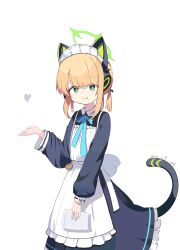 1girl animal_ear_headphones animal_ears apron aqua_bow aqua_bowtie back_bow black_dress black_tail blonde_hair blue_archive blunt_bangs bow bowtie cat_ear_headphones cat_ears cat_tail chinese_commentary closed_mouth collared_dress commentary_request contrast_collar dated dot_nose dress duochichufanghuashengmi eyes_visible_through_hair fake_animal_ears fake_tail frilled_apron frilled_dress frills green_halo hair_bow halo hand_up headphones heart highres holding holding_paper light_blush long_sleeves looking_at_viewer low_twintails maid maid_apron medium_hair midori_(blue_archive) midori_(maid)_(blue_archive) mixed-language_commentary official_alternate_costume official_alternate_hairstyle paper parted_bangs puffy_long_sleeves puffy_sleeves short_twintails sidelocks signature simple_background smile solo split_mouth striped_tail tail tail_raised twintails white_apron white_background white_bow