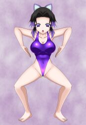 1girl absurdres barefoot black_hair bowlegged_pose butterfly_hair_ornament cameltoe corruption covered_navel gluteal_fold haigure_pose hair_ornament highleg highleg_leotard highres kimetsu_no_yaiba kochou_shinobu latex latex_leotard leotard looking_at_viewer mind_control multicolored_hair parted_bangs purple_eyes purple_hair purple_leotard sansiki_high_gle short_hair solo v-shaped_eyebrows