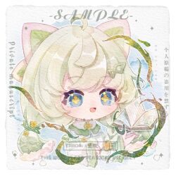 1girl animal_ears blue_eyes blunt_ends book border brooch capelet cat_ears chinese_commentary commentary_request cropped_legs dress eyelashes eyeshadow flower flower-shaped_pupils flower_brooch frilled_sleeves frills fur-trimmed_capelet fur_trim green_capelet green_dress green_hair grimoire hair_ornament hairclip happy highres jewelry lanmeier light_blush long_hair long_sleeves loose_hair_strand low_twintails magic makeup object_floating_above_hand open_book open_mouth original outline painting_(medium) pink_eyeshadow sample_watermark short_twintails sleeves_past_wrists smile solo sparkle swept_bangs symbol-shaped_pupils tareme traditional_media twintails two-tone_dress watercolor_(medium) watermark white_border white_dress white_outline wide_sleeves yellow_flower yellow_pupils