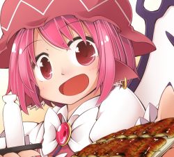 1girl :d bottle eel fish_(food) food grilled_eel jagabutter mystia_lorelei open_mouth pink_hair red_eyes short_hair skewer smile touhou
