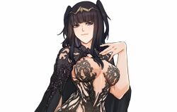 1girl black_cloak black_dress black_hair breasts cape chronopattern_dress cleavage cloak closed_mouth dress fire_emblem fire_emblem_awakening jewelry large_breasts long_hair looking_at_viewer medium_breasts meme_attire nintendo sierra117renner simple_background solo tharja_(fire_emblem) tiara white_background