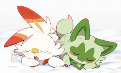 Rule 34 | 2others, animal ears, blush stickers, cat, closed eyes, closed mouth, gen 8 pokemon, green fur, head on hand, hinako iroiro, long ears, lying, multiple others, nintendo, no humans, on stomach, open mouth, pawpads, pokemon, pokemon (creature), pokemon focus, scorbunny, sleeping, sprigatito, tagme, tail, teeth, upper teeth only, white background