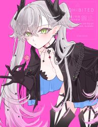 1girl black_cloak black_hands black_thighhighs blush body_markings breasts candy choker cloak colored_extremities crossed_bangs demon_girl demon_horns demon_wings dpw6p39pwizgzdz ear_piercing fate/grand_order fate_(series) food green_eyes grey_hair hair_between_eyes highres horns leaning_forward lilith_(fate) lollipop long_hair looking_at_viewer medium_breasts piercing pointy_ears solo thighhighs thighs twintails very_long_hair wings