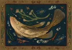 Rule 34 | 1girl, algae, animal focus, border, brown border, closed eyes, commentary, english commentary, fish, highres, long hair, mermaid, monster girl, original, ornate border, plant, seaweed, sethpuertoluna, smile, solo, starfish, underwater