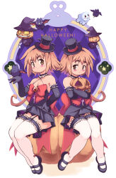 2girls chocolat_queen closed_mouth full_body halloween highres marron_queen multiple_girls original short_hair siblings sitting tagme twins yu_3
