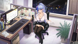 1girl absurdres black_bra black_shoes black_skirt blue_eyes blue_hair bra bra_peek breasts brown_thighhighs chair character_doll character_request cleavage closed_mouth collarbone collared_shirt computer computer_keyboard computer_mouse cup disposable_cup earrings flower full_body hair_flower hair_ornament highres holding holding_cup holding_paper id_card impossible_clothes impossible_shirt indoors jewelry lanyard large_breasts long_hair long_sleeves looking_at_viewer miniskirt monitor monster_energy mousepad_(object) night nomalman office office_chair office_lady original paper partially_unbuttoned pencil_skirt ponytail shirt shirt_tucked_in shoes sitting skirt smile snowflake_pupils solo stud_earrings swivel_chair thighhighs underwear white_shirt window zettai_ryouiki