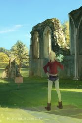 1girl bad_id bad_pixiv_id blonde_hair bouquet denim denim_shorts fate/apocrypha fate/grand_order fate_(series) female_focus flower from_behind grave hand_on_own_hip jacket leather leather_jacket mordred_(fate) mordred_(fate/apocrypha) ponytail real_world_location ruina ruins shorts sign solo tree