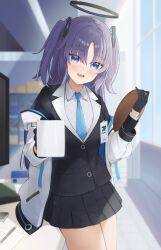 1girl black_gloves black_halo black_jacket black_skirt blue_archive blue_necktie blush coat commentary_request cup desk gloves hair_ornament halo highres holding holding_cup holding_tray indoors jacket long_hair long_sleeves looking_at_viewer mechanical_halo mirai_(mirai76_) monitor name_tag necktie open_mouth pen pleated_skirt purple_eyes shirt skirt smile standing tray two_side_up white_coat white_shirt window yuuka_(blue_archive)