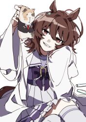 Rule 34 | 1girl, 1other, agnes tachyon (umamusume), animal, animal ears, animalization, arm up, black jacket, bow, bowtie, calico (pattern), chemical structure, coat, earrings, frilled skirt, frills, furrowed brow, green eyes, guinea pig, highres, holding, holding animal, horse ears, horse girl, horse tail, jacket, jewelry, lab coat, long coat, looking at another, necktie, nervous sweating, open clothes, open coat, parted lips, pleated skirt, purple bow, purple bowtie, purple trim, red eyes, red necktie, sailor collar, school uniform, shirt, shirt tucked in, single earring, skirt, sweat, tail, tracen school uniform, trainer (umamusume), uma2 0429, umamusume, white coat, white sailor collar, white shirt