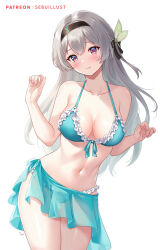 1girl bare_legs bare_shoulders bikini black_bow black_hairband blue_eyes blush bow breasts cleavage closed_mouth collarbone commentary firefly_(honkai:_star_rail) front-tie_bikini_top front-tie_top full_body green_bikini green_pupils green_sarong hair_between_eyes hair_bow hair_ornament hairband halterneck hands_up honkai:_star_rail honkai_(series) large_breasts legs_together long_hair looking_at_viewer multicolored_eyes navel orange_eyes paid_reward_available patreon_username sarong sebu_illust see-through_clothes see-through_sarong simple_background solo stomach string_bikini swimsuit white_background white_hair
