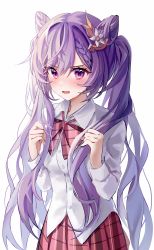1girl absurdres blush bow bowtie braid braided_bangs breasts buttons collared_shirt cone_hair_bun double_bun flower genshin_impact hair_between_eyes hair_bun hair_flower hair_intakes hair_ornament hands_up highres holding holding_own_hair keqing_(genshin_impact) long_hair long_sleeves looking_at_viewer medium_breasts nagul open_mouth plaid_bow plaid_bowtie plaid_clothes plaid_skirt purple_eyes purple_hair red_bow red_bowtie red_skirt shirt simple_background skirt solo twintails upper_body v-shaped_eyebrows very_long_hair white_background white_flower white_shirt wing_collar