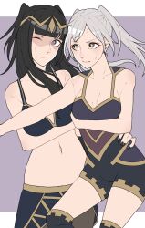 Rule 34 | 2girls, angry, ao saryaruhu, arm under breasts, armpit crease, armpits, awkward, bare arms, bare shoulders, black bra, black eyes, black hair, black nails, black pantyhose, black thighhighs, blush, bra, breasts, brown eyes, cleavage, collarbone, covering breasts, covering privates, embarrassed, eyelashes, female focus, female robin (fire emblem), fire emblem, fire emblem awakening, fire emblem warriors, floating hair, gameplay mechanics, hand on another&#039;s hip, highres, hime cut, knee up, large breasts, leaning to the side, legs, leotard, lips, loincloth, long hair, looking at another, looking at viewer, matching hair/eyes, medium breasts, multiple girls, nail polish, navel, neck, nervous sweating, official alternate costume, official underwear, one eye closed, outstretched arm, pantyhose, print leotard, shaded face, short twintails, sidelocks, standing, stomach, sweat, swept bangs, tharja (fire emblem), thighhighs, thighs, tiara, twintails, underwear, underwear only, v-shaped eyebrows, wardrobe malfunction, white hair